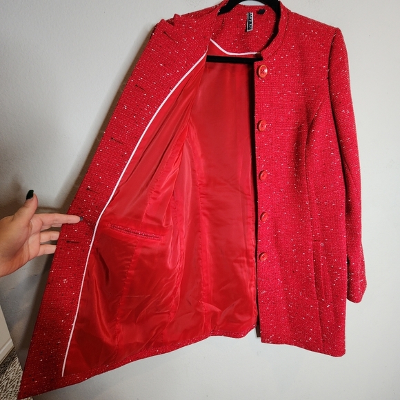 Mary Kay Red Tweed Button Jacket Long Blazer Mock Neck Size Medium Tall - Picture 12 of 16